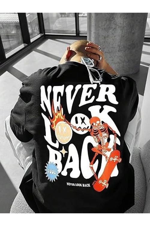 Erkek Bisiklet Yaka Kısa Kol Baskılı T-shirt - Siyah