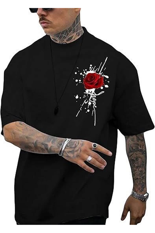 Erkek Bisiklet Yaka Kısa Kol Baskılı T-shirt - Siyah