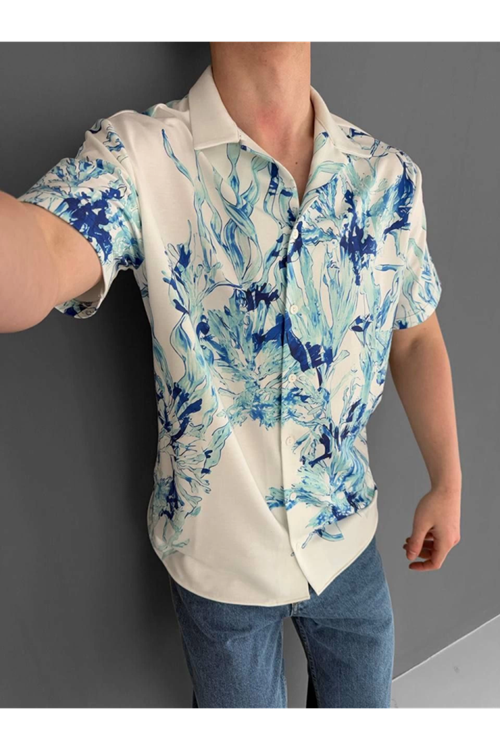 İki İplik Kumaş Baskılı Gömlek - Beyaz