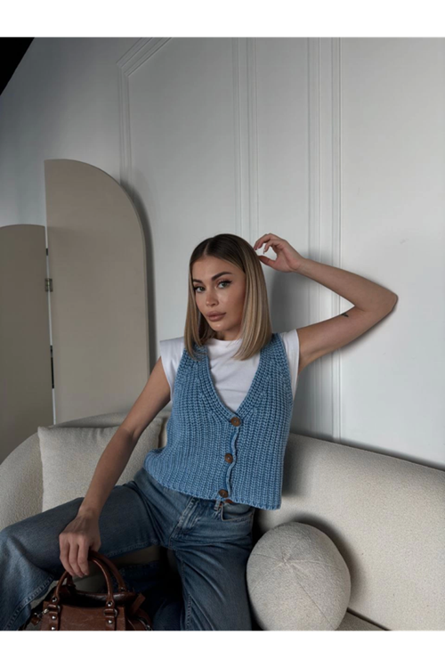 Triko Kolsuz Düğmeli Yelek - Mavi