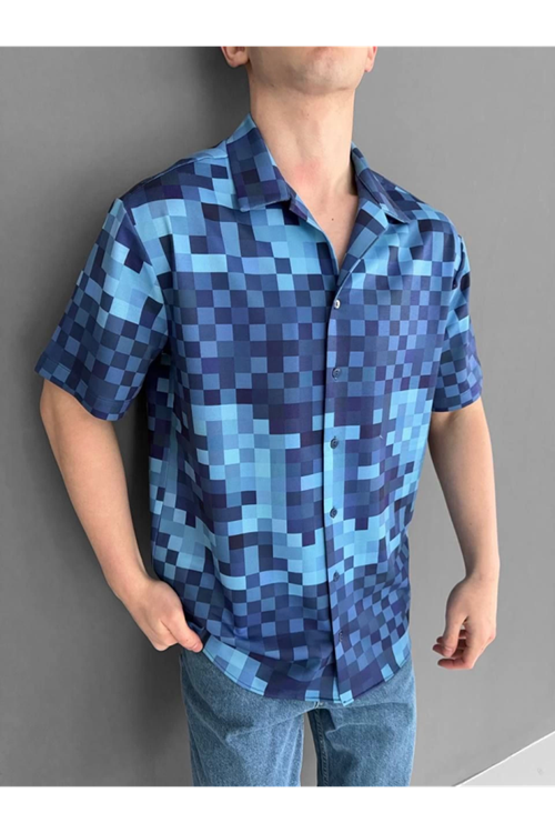 İki İplik Kumaş Baskılı Gömlek - Mavi