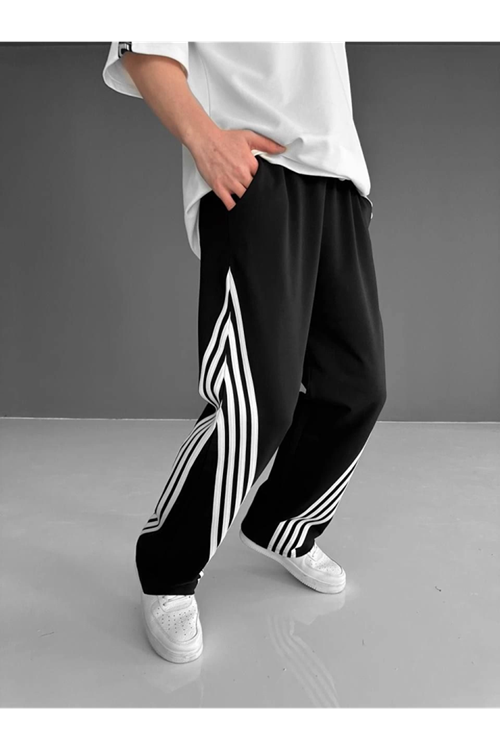 İki İplik Kumaş Şeritli Alt Esofman - Siyah