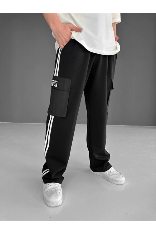 İki İplik Kumaş Kargo Cepli Şeritli Alt Esofman - Siyah