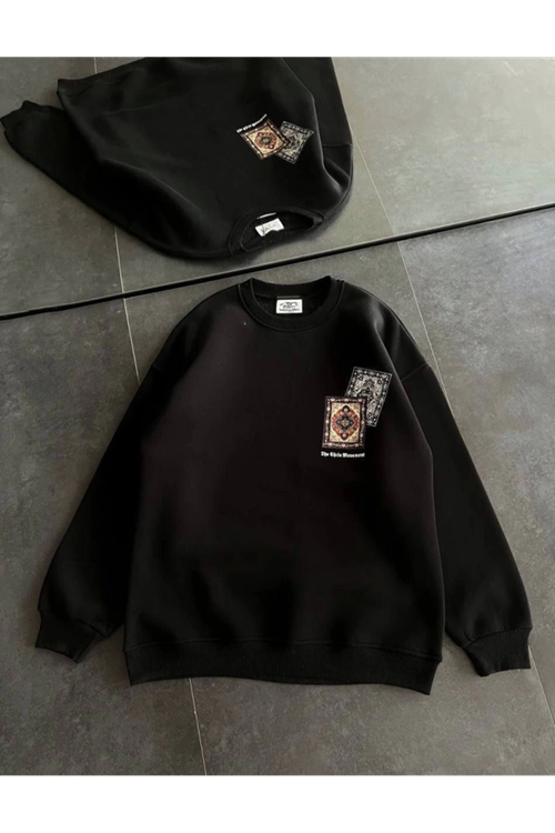 Bisiklet Yaka Baskılı SweatShirt - Siyah
