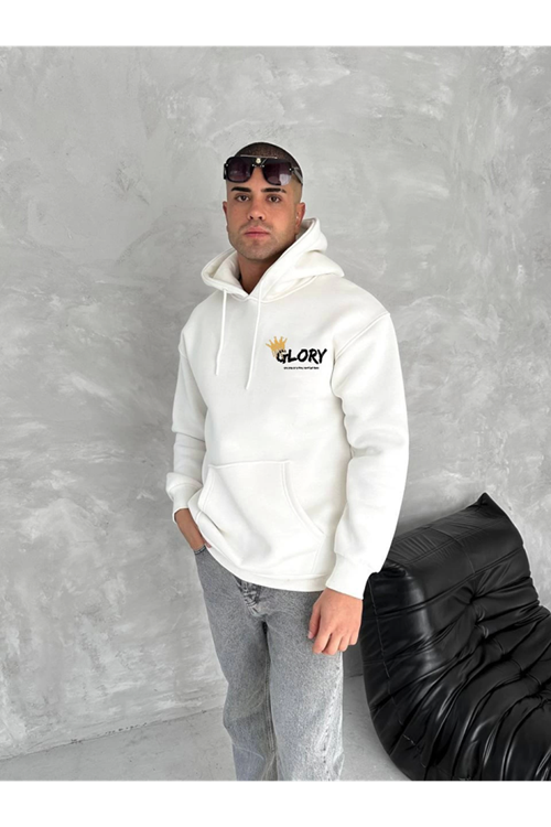 Kışlık Üç İplik Kapşonlu SweatShirt - Beyaz