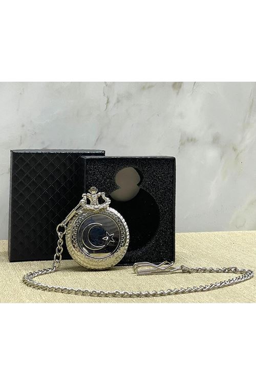 Özel Kutulu Türk Bayrağı Tasarımlı Gümüş Köstekli Saat