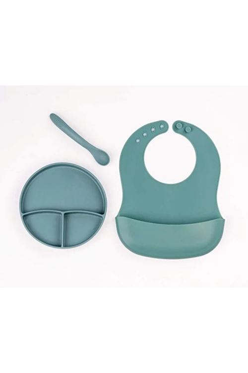 Yeşil 3’lü Silikon Yemek Seti – Önlük + Diş Kaşıyıcılı Kaşık + Vakumlu Tabak