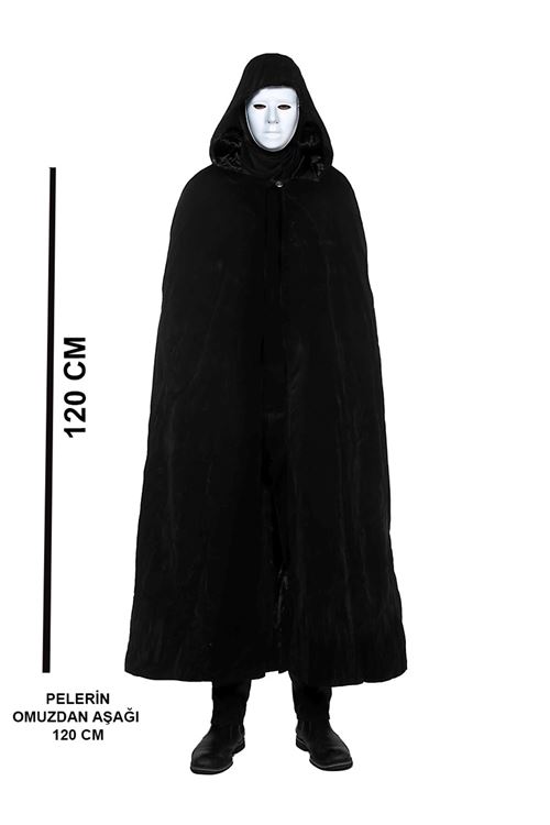 Siyah Kapüşonlu 120 cm Pelerin ve Beyaz Boyanabilir Tam Yüz Maske