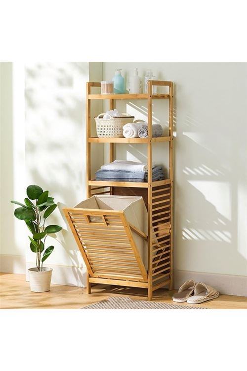 3 Organizer Raflı Ahşap Bambu Çek-Aç Kirli Sepeti