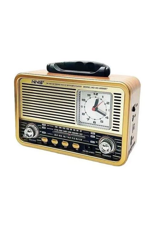 BUFFER® Orta Boy Saat Göstergeli Retro Ahşap Tasarım Bluetooth Hoparlörlü Radyo – FM/AM Destekli, Şarjlı ve Taşınabilir Radyo NS-8898