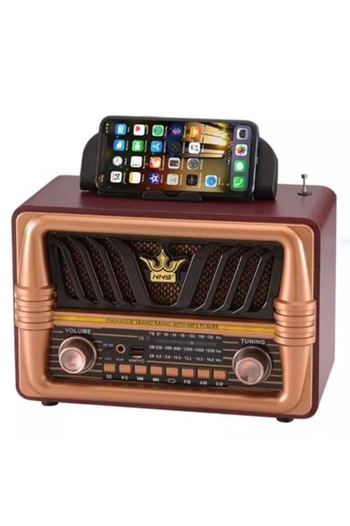 BUFFER® Büyük Boy Telefon Tutma Saplı Retro Ahşap Tasarım Bluetooth Hoparlörlü Radyo – FM/AM Destekli, Şarjlı ve Taşınabilir Radyo NS-8077