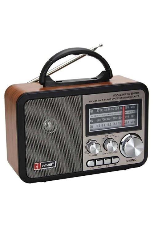 BUFFER® Orta Boy Retro, Nostaljik, Ahşap Tasarım Bluetooth Hoparlörlü, Şarjlı, Taşınabilir FM/AM Destekli Radyo NS-8897