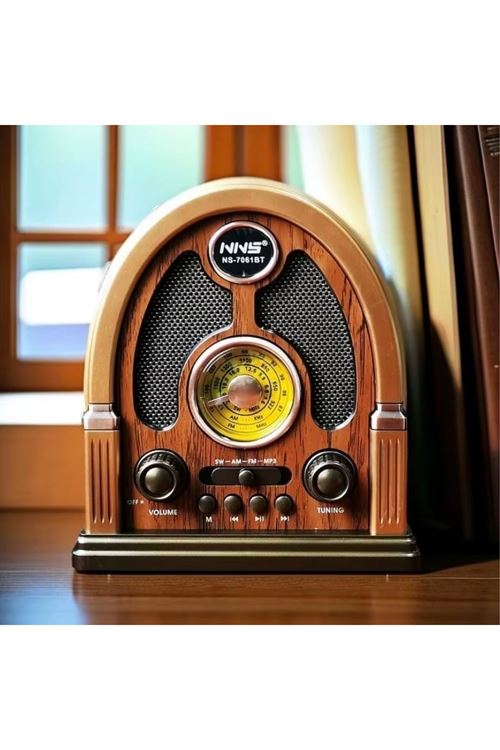 BUFFER® Orta Boy Kubbe Model Retro Ahşap Tasarım Bluetooth Hoparlörlü Radyo – FM/AM Destekli, Şarjlı ve Taşınabilir Radyo NS-7061