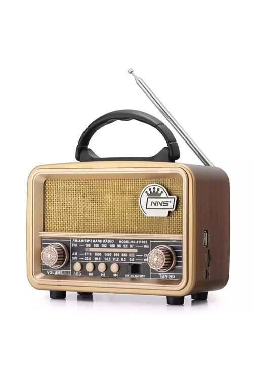 BUFFER® Orta  Boy Retro, Nostaljik, Ahşap Tasarım Bluetooth Hoparlörlü, Şarjlı, Taşınabilir FM/AM Destekli Radyo NS-8110