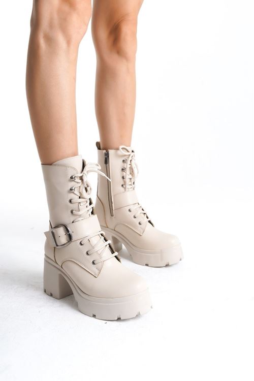 Linma Bej Cilt Bağcıklı Topuklu Bot