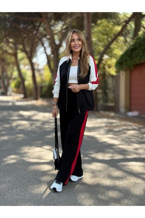 Kadın Hakim Yaka şerit Detay Hırka Ve Bol Paça Pantolon Ikili Takım