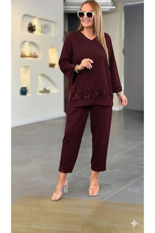 Kadın Uzun Kollu V Yakalı Pulpayet Viskon Iki Iplik Bluz Ve Pantolon Takım