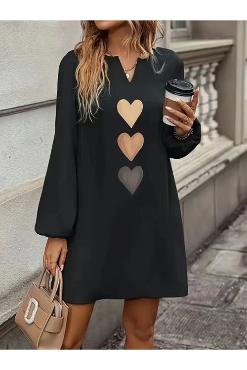 Kadın Uzun Kollu V Yakalı Kalp Desenli Mini Ithal Krep Elbise