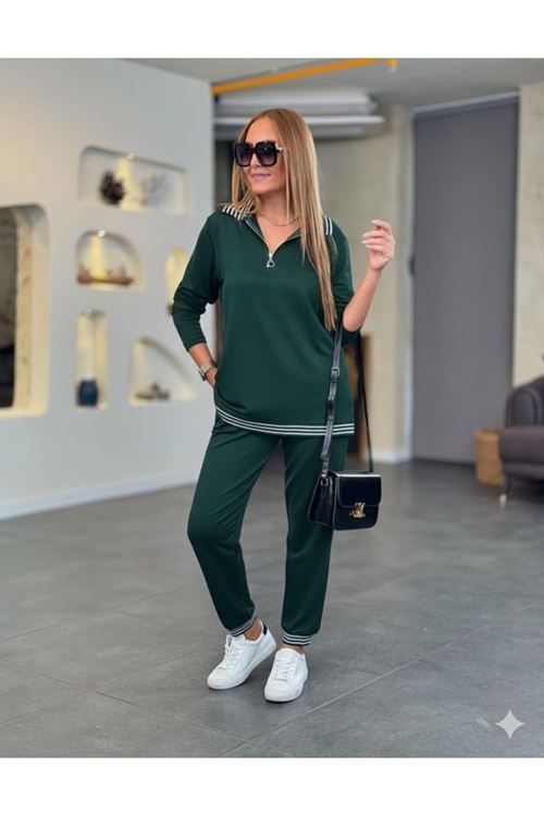 Kadın Uzun Kollu Fermuarlı şerit Detay Desenli Alt üst Ikili Viskon Iki Iplik Takım