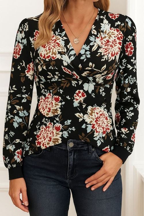 Kadın Uzun Kollu Kruvaze Yakalı Kelebek Desenli şardonlu Dalgıç Bluz