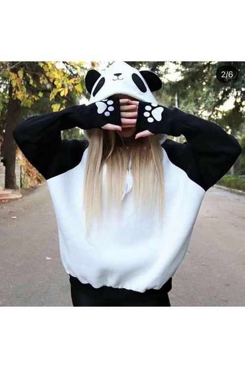 Kadın Panda üç Iplik Kumaş Kapüşonlu Polar Sweat 65 Cm