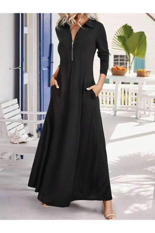 Kadın Uzun Kollu Yakalı önden Fermuarlı Uzun Viskon Iki Iplik Elbise