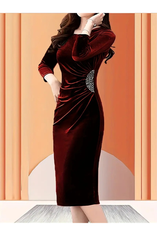 Kadın Uzun Kollu Bot Yaka Yanı Taş Detaylı Midi Kadife Elbise