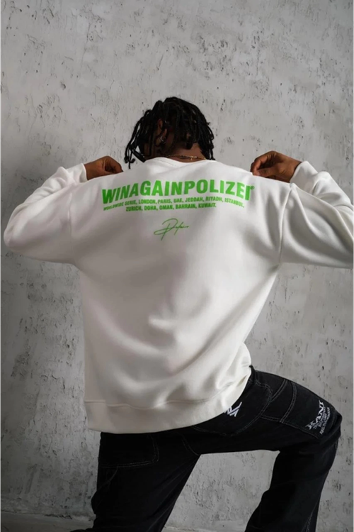 Erkek Oversize Sweatshirt – Beyaz Renk  Ön Ve Sırt Baskılı, Üç İplik İçi Pamuklu Kumaş, Rahat Kalıp, Ribanalı Kışlık Sweat  Winagain Polizei Serisi - Beyaz