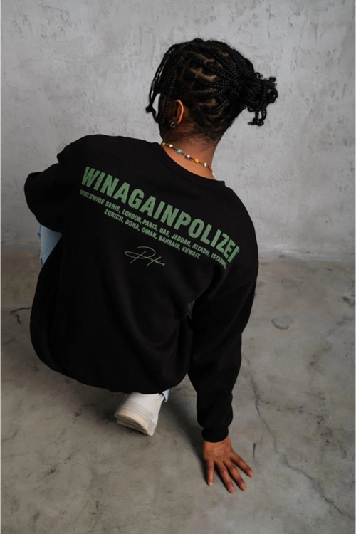 Erkek Oversize Sweatshirt – Siyah Renk  Ön Ve Sırt Baskılı, Üç İplik İçi Pamuklu Kumaş, Rahat Kalıp, Ribanalı Kışlık Sweat  Winagain Polizei Serisi - Siyah