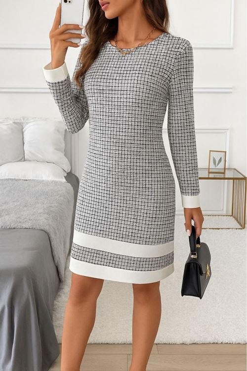 Kadın Uzun Kollu Yuvarlak Yaka Etek Ucu şerit Detaylı Mini Dokuma Elbise