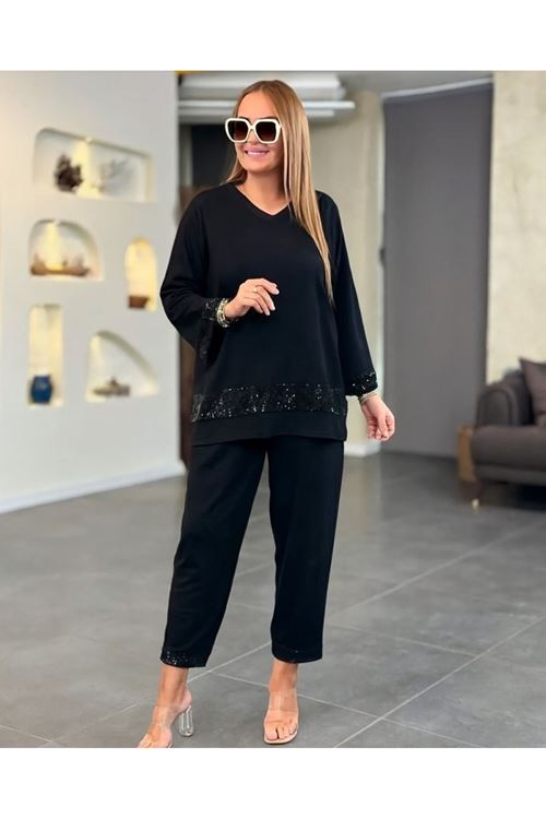 Kadın Uzun Kollu V Yakalı Pulpayet Viskon Iki Iplik Bluz Ve Pantolon Takım