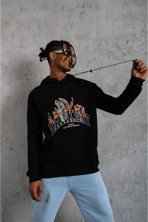 Erkek Oversize Kapüşonlu Sweatshirt – Siyah Renk Üç İplik İçi Pamuklu Kanguru Cepli Baskılı Hoodie Rahat Kalıp Kışlık Günlük Kombinlere Uygun - Siyah