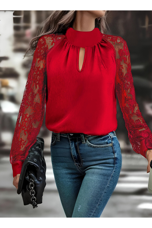 Kadın Uzun Kollu Göğüs Pencere Detay Yaka Boğazlı Kolları Tüllü Sandy Bluz