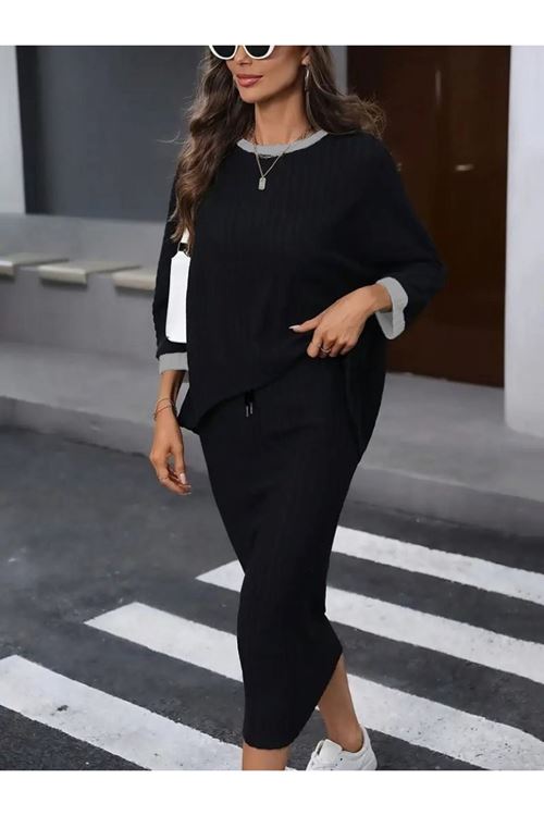 Kadın Uzun Kollu Yakası Açık şardonlu Kaşkorse Bluz Ve Eteği Bağcıklı Ikili Takım