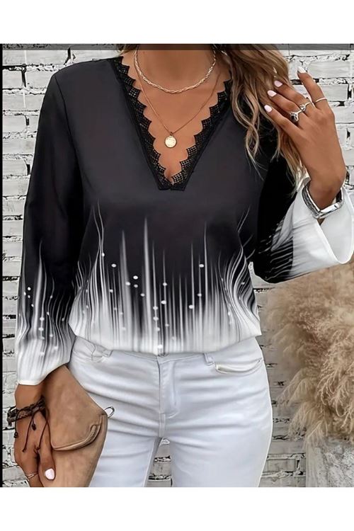 Kadın Uzun Kollu V Dantel Yaka Desenli Modal Bluz