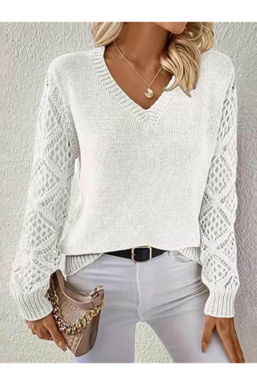 Kadın Uzun Kollu V Yaka Kol Delikli Baklava Desen Detaylı Triko Kazak