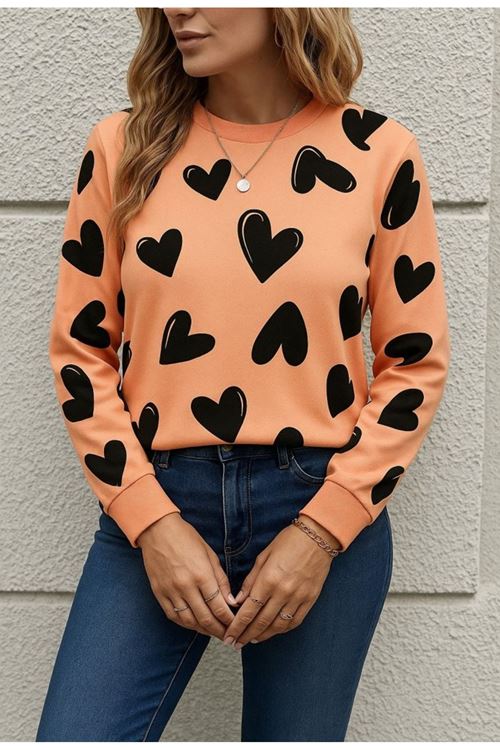 Kadın Uzun Kollu Bisiklet Yaka Kalp Desenli Iki Iplik Bluz