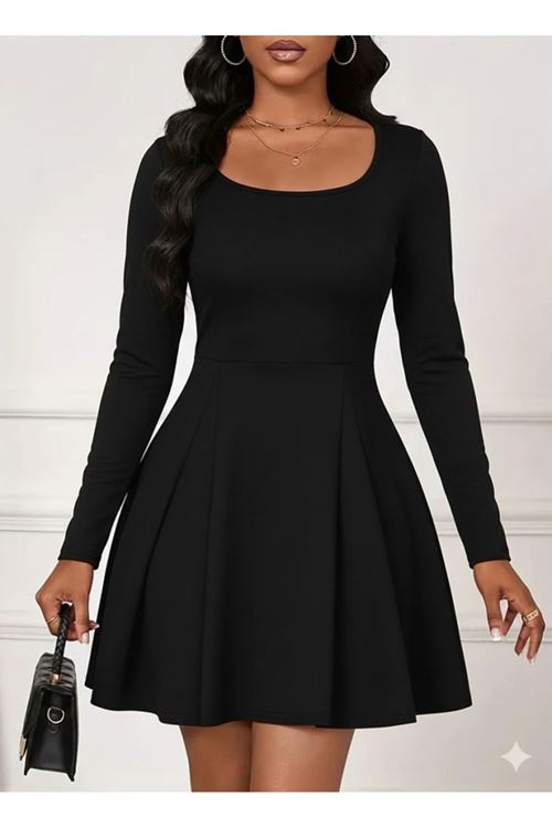 Kadın Uzun Kollu Kare Yakalı Mini Ithal Krep Elbise