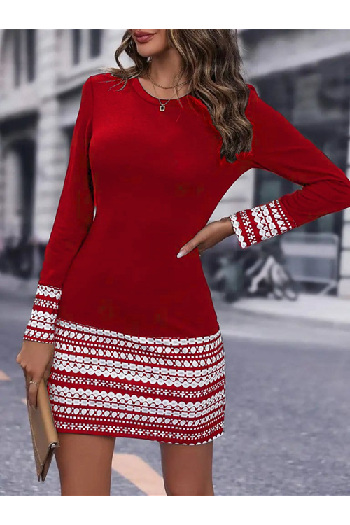 Kadın Uzun Kollu Bisiklet Yaka Kol Ağzı Ve Etek Ucu Baskılı Iki Iplik Elbise