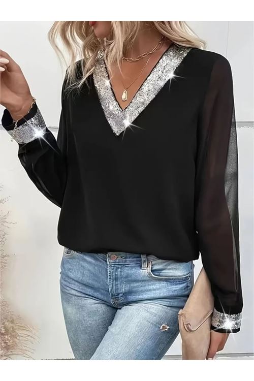 Kadın Uzun Kollu V Pulpayet Yakalı Ithal Krep Bluz