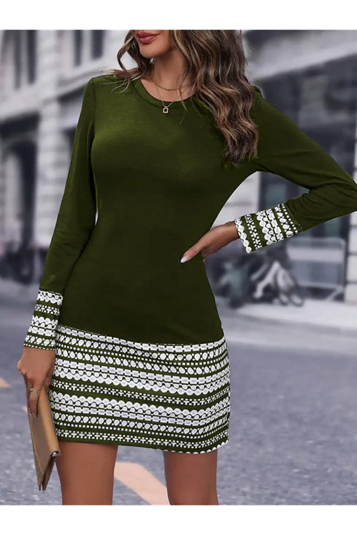 Kadın Uzun Kollu Bisiklet Yaka Kol Ağzı Ve Etek Ucu Baskılı Iki Iplik Elbise