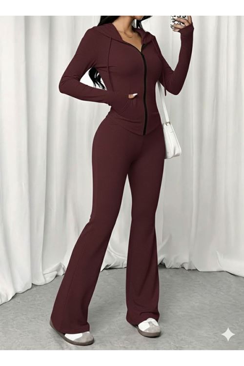 Kadın Uzun Kollu Kapşonlu Bağcıklı önü Fermuarlı Viskon Iki Iplik Bluz Ve Pantolon Ikili Takım