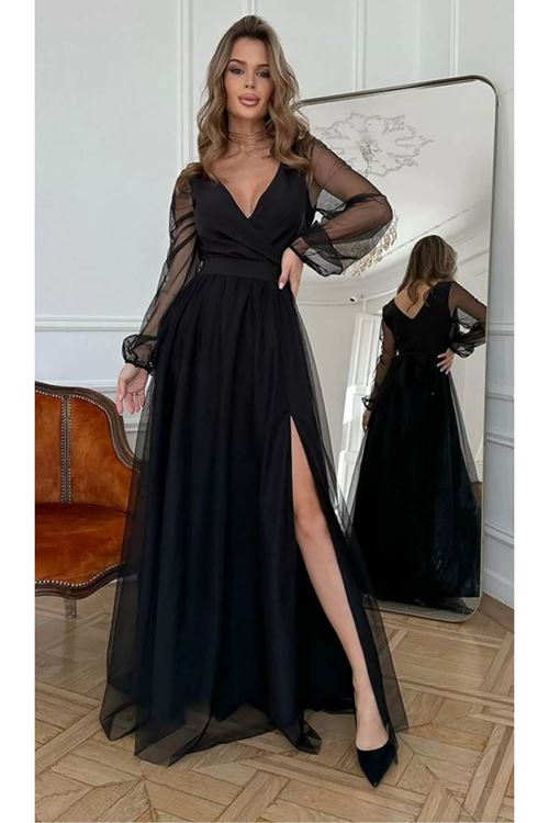 Kadın Uzun Kollu Kruvaze Yakalı Belden Kuşaklı Tüllü Uzun Ithal Krep Elbise