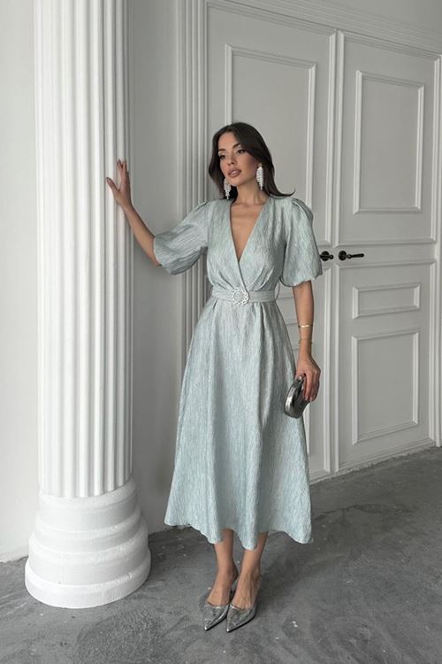 Mint Işıltılı Kemerli Kruvaze Elbise