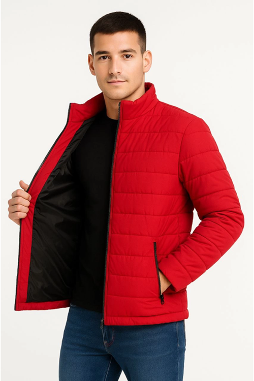 Erkek Bomber Mont Ceket – Su İtici Kumaş, Kapitone Astarlı, Fermuarlı, Kışlık - Kırmızı