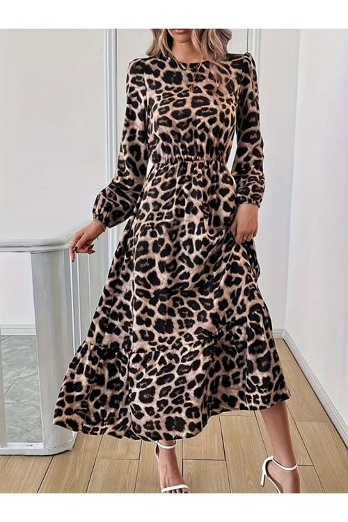 Uzun Kollu Bisiklet Yaka Leopar Desenli Midi Süprem Elbise