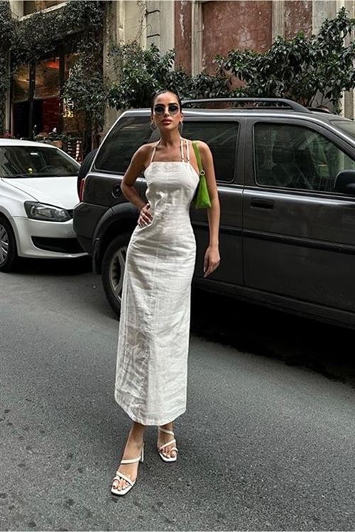 Trisha Sırt Dekolteli Keten Elbise 2496-20 ELBİSE