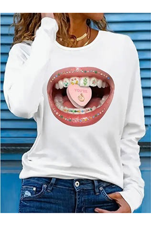 Kadın Uzun Kollu Bisiklet Yaka Baskılı Viskon Bluz