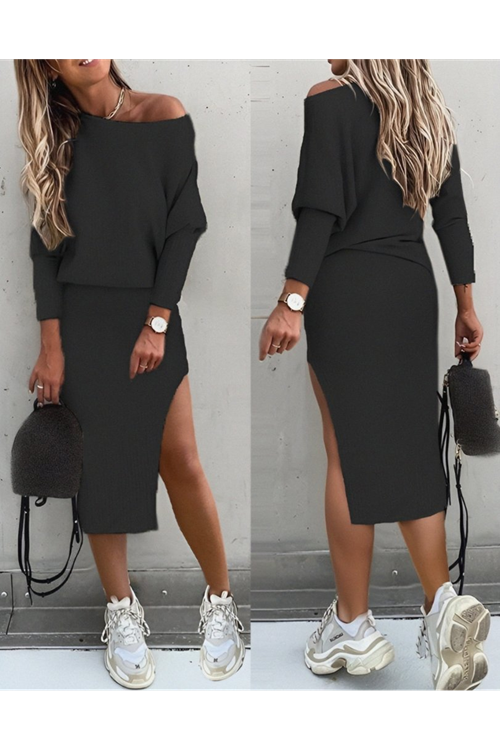 Kadın Uzun Kollu Düşük Omuz Yırtmaç Detay Kaşkorse Etek Bluz Ikili Takım