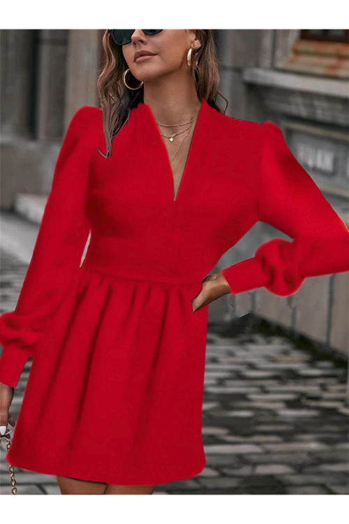 Kadın Uzun Kollu V Yaka Belden Hafif Pileli Scuba Krep Mini Boy Elbise